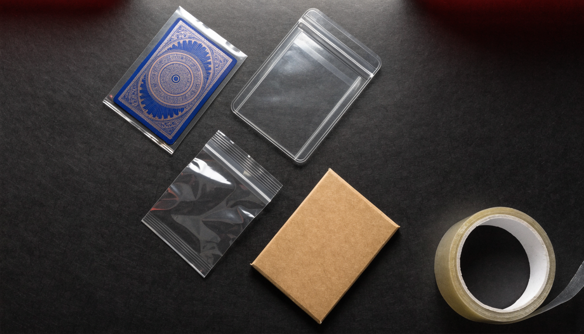 A trading card face down showing a patterned card back, being packed through sleeve, toploader, resealable bag and rigid mailer